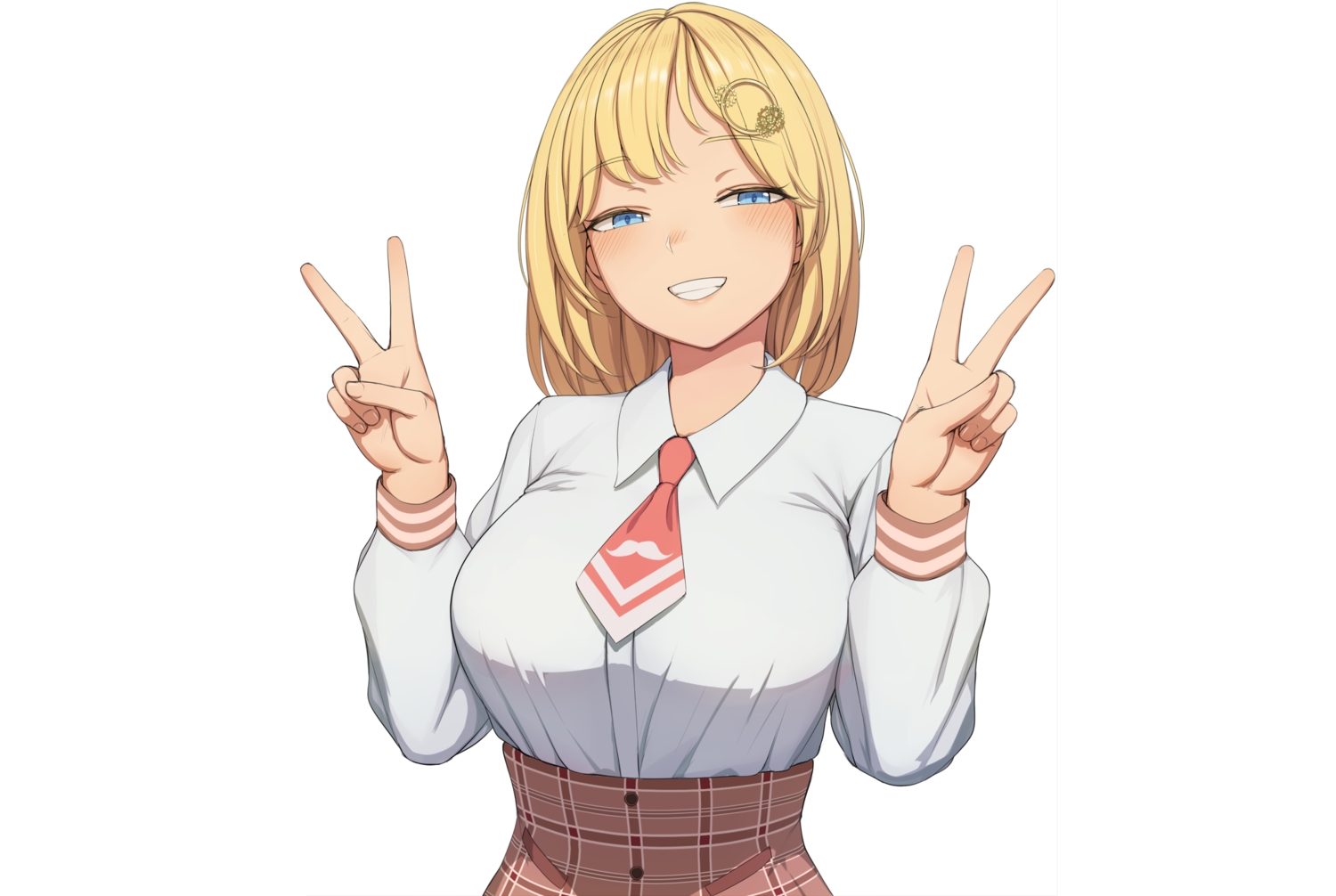 amelia_watson, aqua_eyes, blonde_hair, blush, breasts, hololive, lvl_(sentrythe2310), shirt, short_hair, skirt, tie, white