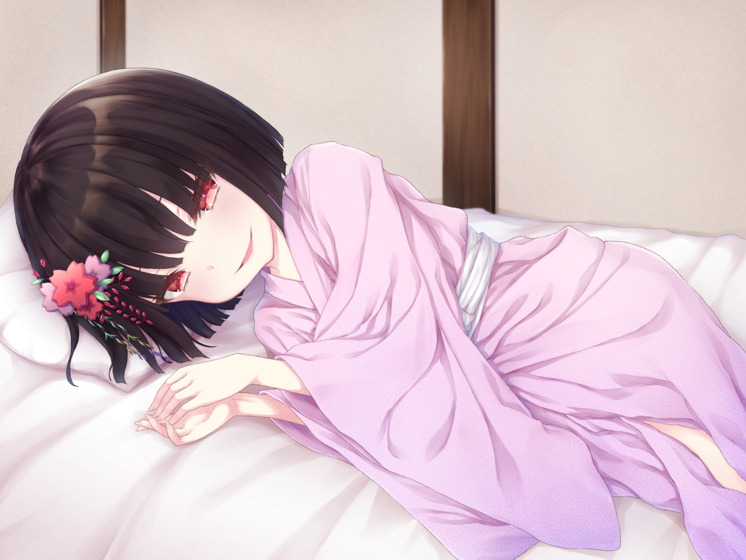 bed, black_hair, blush, japanese_clothes, loli, original, red_eyes, sasasa_(nashi), short_hair, yukata