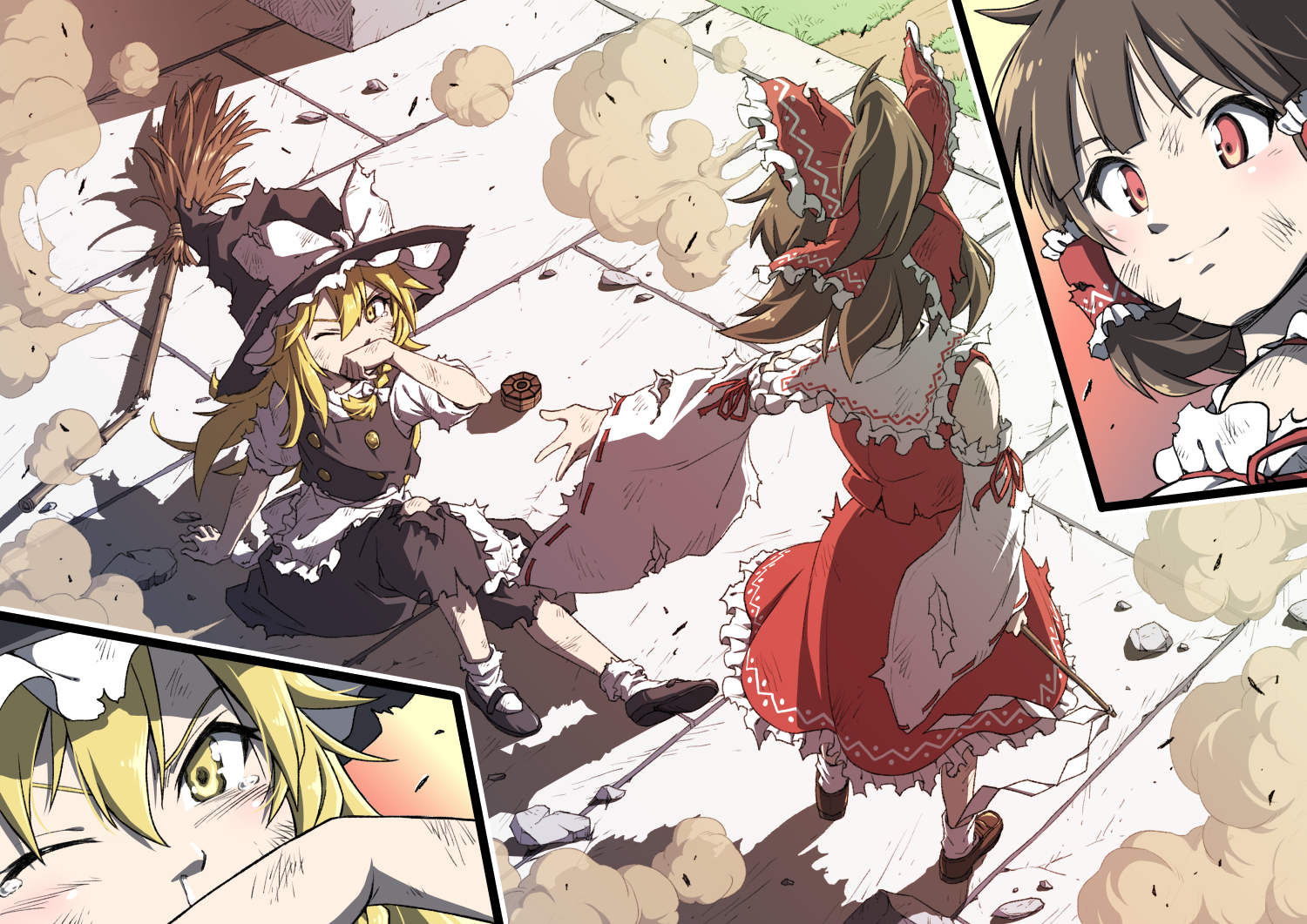 2girls, apron, blonde_hair, bow, brown_hair, hakurei_reimu, hat, inuno_rakugaki, japanese_clothes, kirisame_marisa, long_hair, miko, red_eyes, shirt, short_hair, skirt, socks, touhou, witch, witch_hat, yellow_eyes