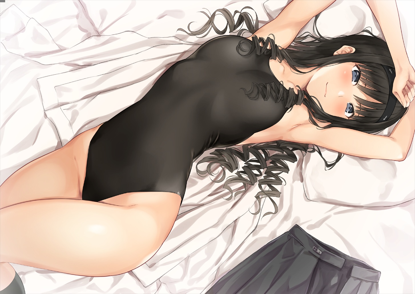amagami, bed, black_hair, blue_eyes, headband, kneehighs, long_hair, morishima_haruka