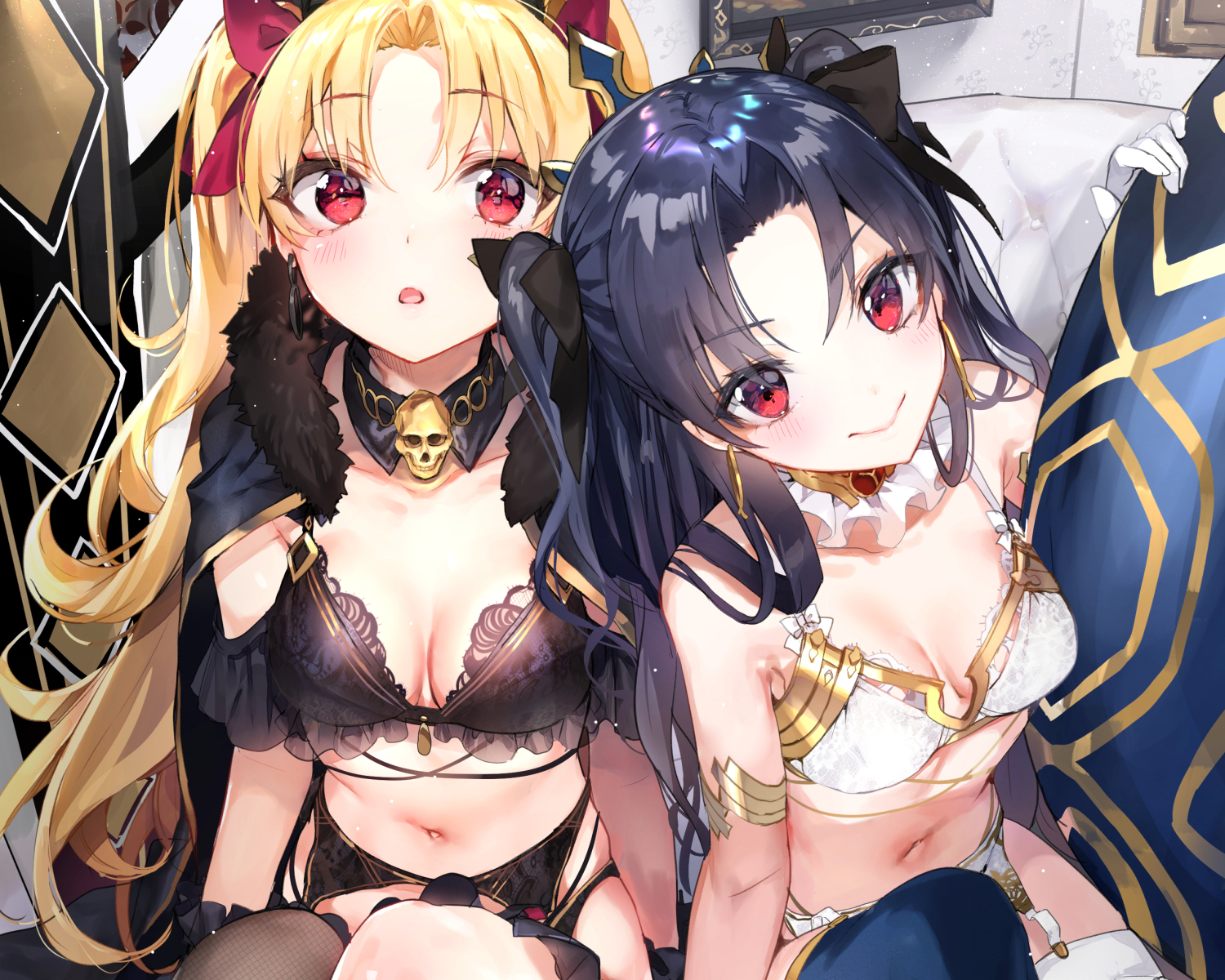 2girls, black_hair, blonde_hair, breasts, cleavage, cropped, ereshkigal_(fate/grand_order), fate/grand_order, fate_(series), garter_belt, ishtar_(fate/grand_order), long_hair, navel, nekometaru, red_eyes, stockings