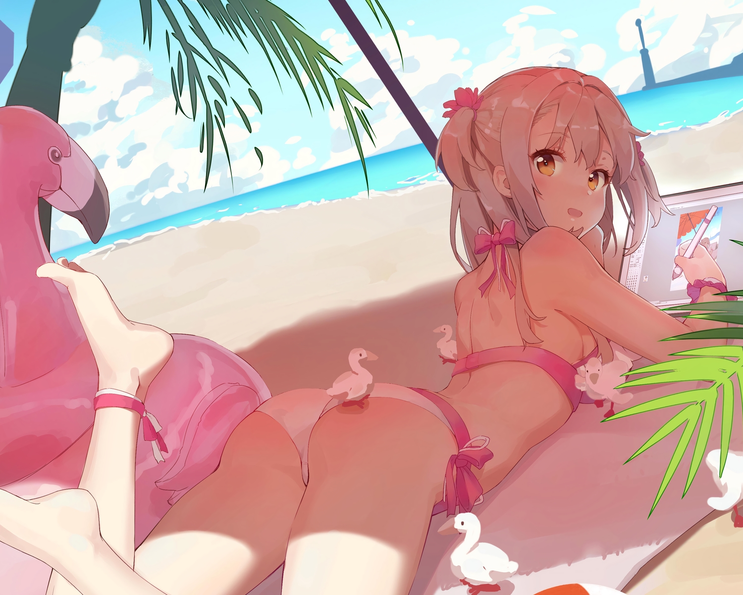 animal, ass, beach, bikini, bird, bow, brown_eyes, cropped, duck, gray_hair, original, swimsuit, yinqi