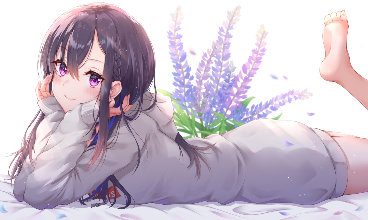 barefoot, black_hair, blush, braids, flowers, hood, ichinose_uruha, long_hair, lupinus_virtual_games, purple_eyes, toki_(toki_ship8)