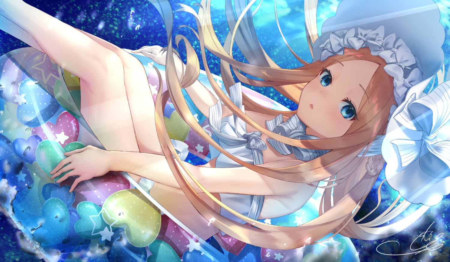 abigail_williams_(fate/grand_order), aqua_eyes, bikini, blonde_hair, blush, bow, fate/grand_order, fate_(series), gakuon_(gakuto), headdress, loli, long_hair, signed, swim_ring, swimsuit