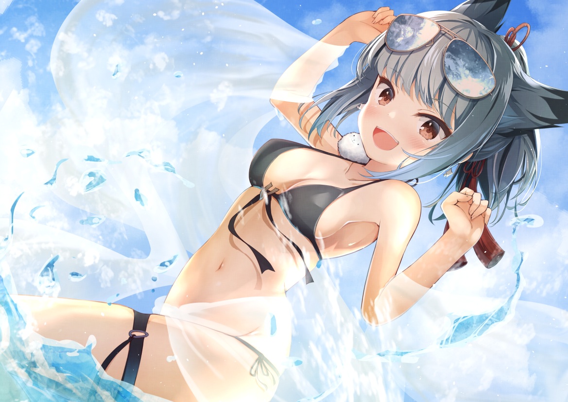 anthropomorphism, azur_lane, bikini, brown_eyes, gray_hair, madotsukumo, navel, see_through, sunglasses, suzutsuki_(azur_lane), swimsuit