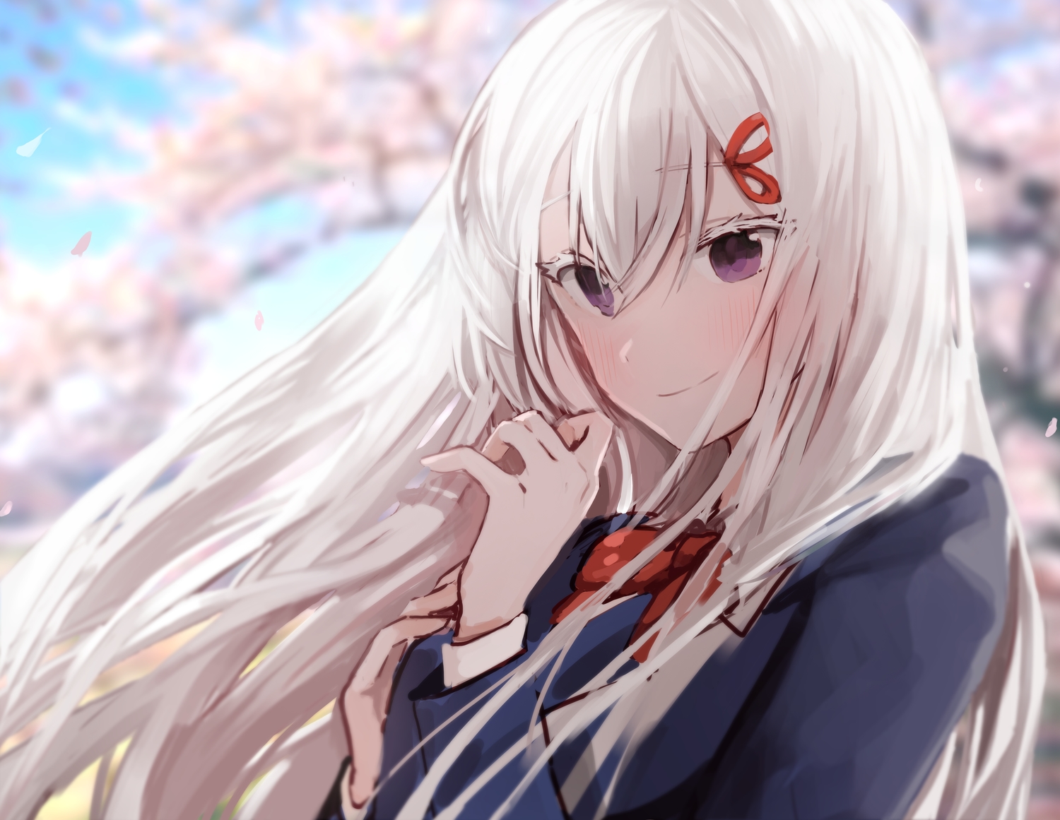 blush, bow, close, echidna_(re:zero), flowers, long_hair, purple_eyes, re:zero_kara_hajimeru_isekai_seikatsu, school_uniform, seorang, tree, white_hair