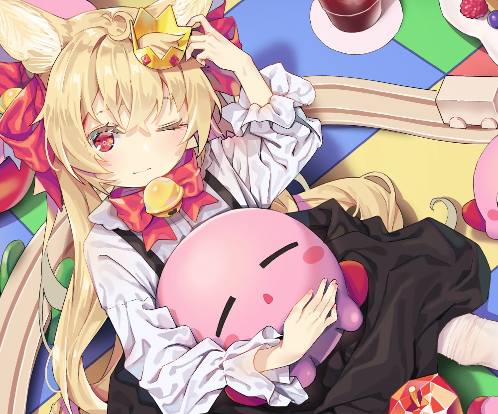 agnamore, animal_ears, apple, bell, blonde_hair, blush, bow, cropped, crown, dress, drink, food, fruit, kirby_(character), loli, long_hair, original, red_eyes, shirt, thighhighs, wink