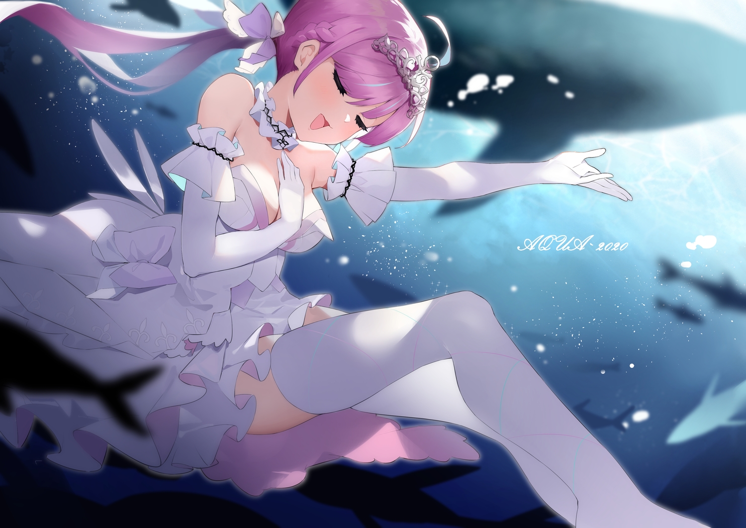 breasts, cleavage, hololive, long_hair, meng_ge_3_(565571710), minato_aqua, purple_hair, thighhighs, twintails, underwater, water