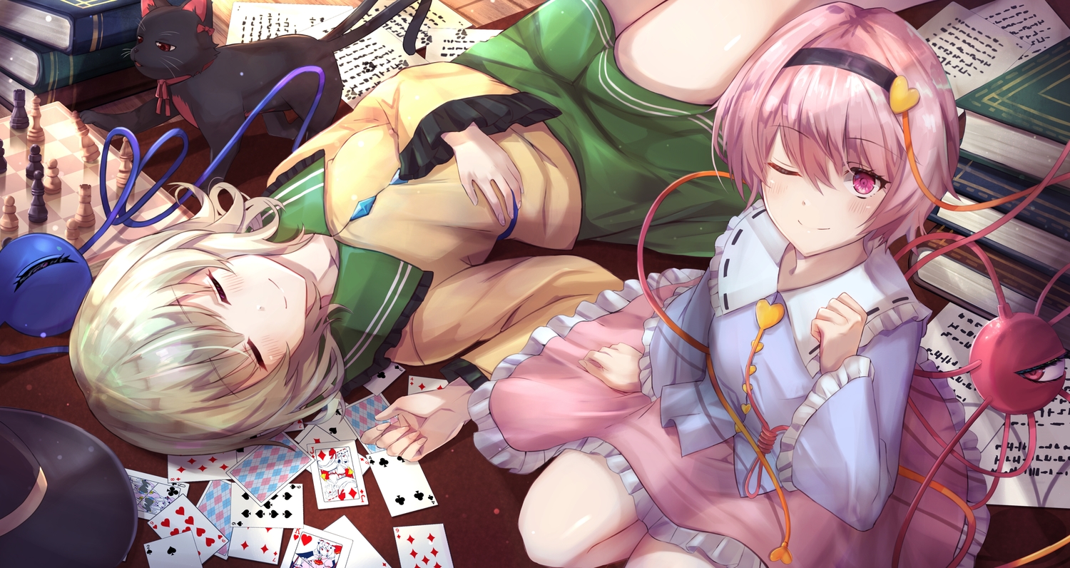 2girls, animal, blonde_hair, book, cat, dress, hat, kaenbyou_rin, komeiji_koishi, komeiji_satori, pink_eyes, pink_hair, short_hair, sleeping, torottye, touhou
