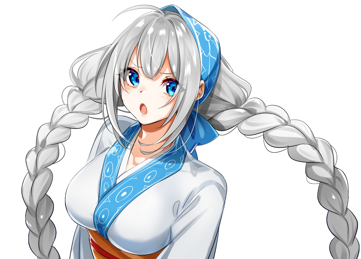 aliasing, aqua_eyes, blush, braids, gray_hair, headdress, japanese_clothes, kimono