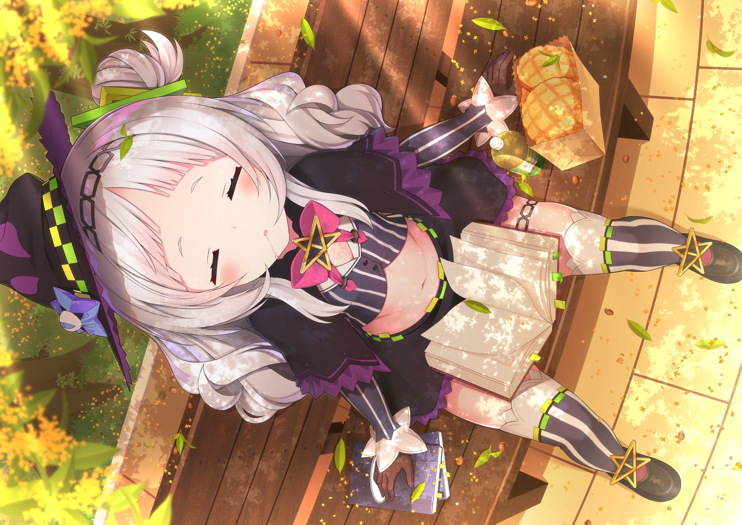 blush, book, bow, food, garter, gloves, gray_hair, hat