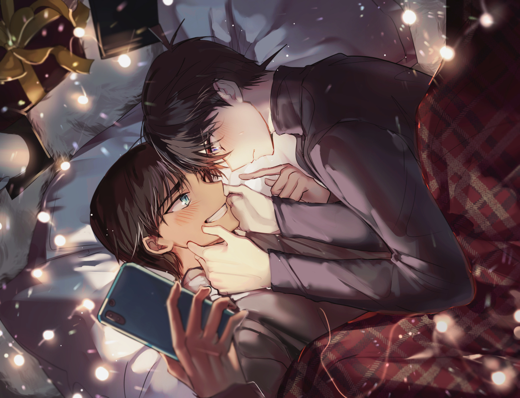 all_male, aqua_eyes, bed, black_hair, blush, brown_hair, detective_conan, hattori_heiji