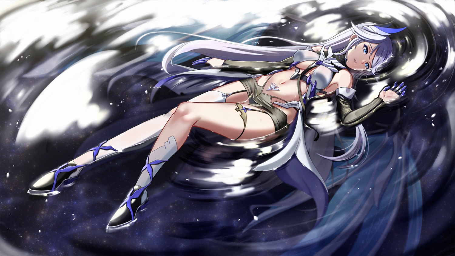 aircell, benares_(honkai_impact), blue_eyes, gray_hair, honkai_impact, honkai_(series), long_hair, navel, shorts, water