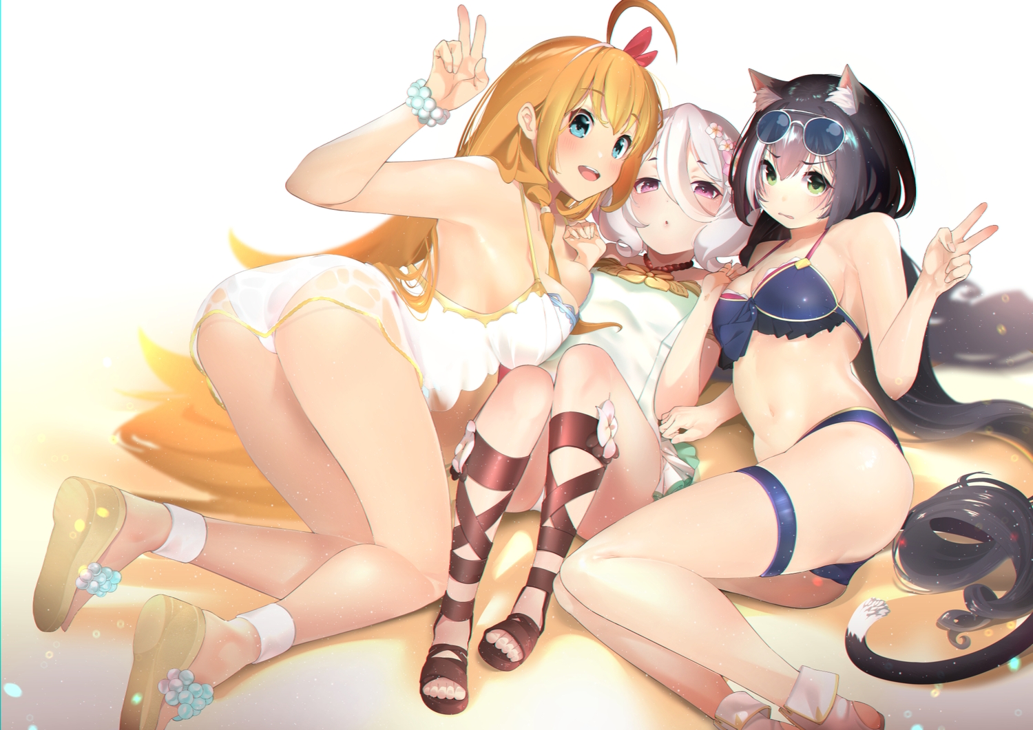 aliasing, animal_ears, aqua_eyes, ass, bikini, black_hair, catgirl, green_eyes, karyl, long_hair, natsume_kokoro, navel, orange_hair, pecorine, princess_connect!, purple_eyes, str-natural, sunglasses, swimsuit, tail, white_hair