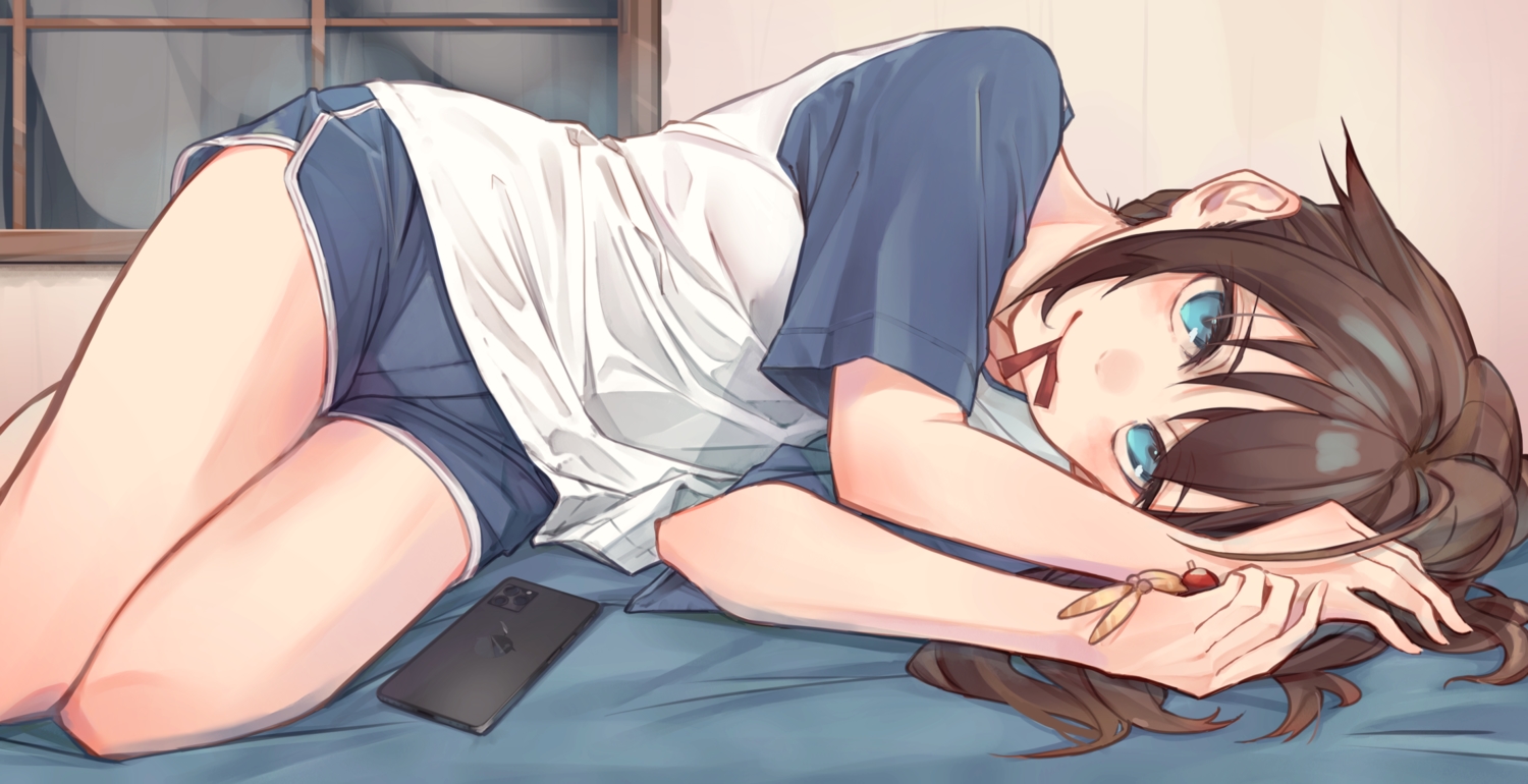 anthropomorphism, blush, brown_hair, kantai_collection, kumanoko, long_hair, phone, shigure_(kancolle), shorts