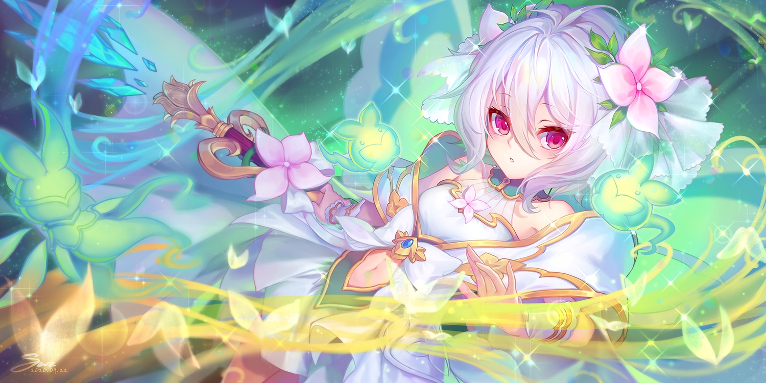 blush, dress, kanmai_x_sou, magic, natsume_kokoro, navel, pink_eyes, princess_connect!, short_hair, signed, staff, white_hair