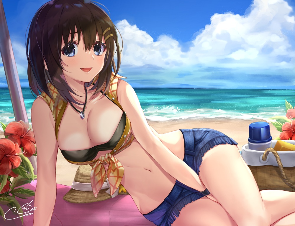 beach, bikini_top, blue_eyes, breasts, brown_hair, cleavage, clouds, flowers