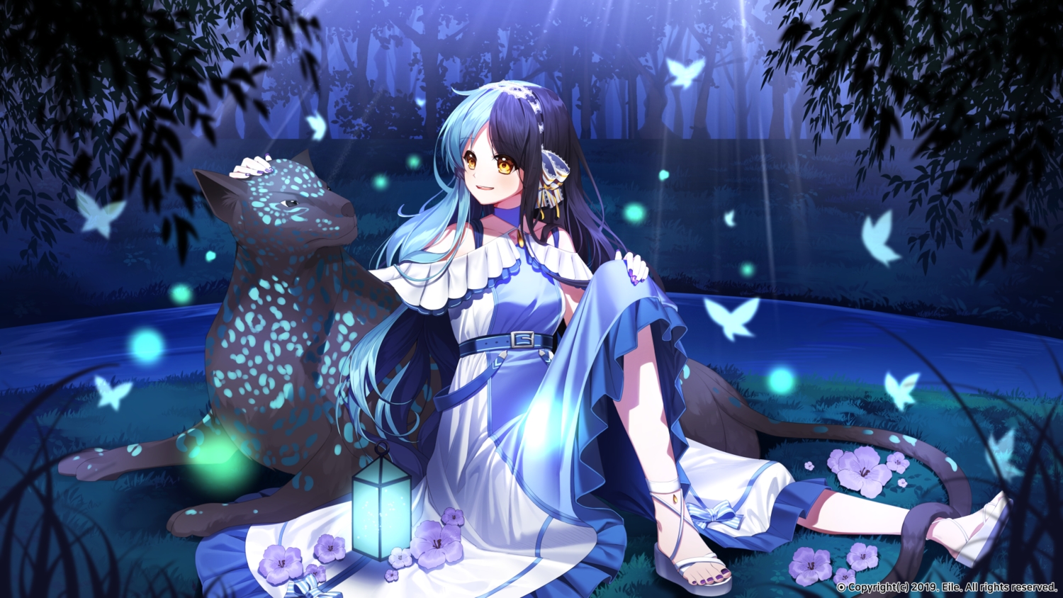 animal, aqua_hair, butterfly, dress, eile_(esspril), flowers, garter, grass