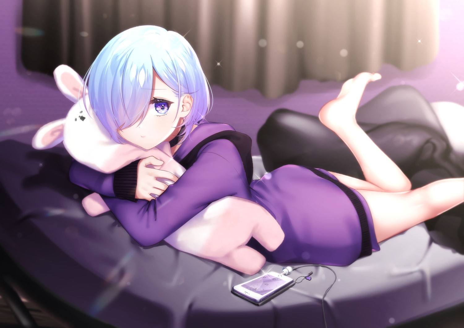 aqua_hair, barefoot, bed, bunny, choker, hood, kitasaya_ai, original