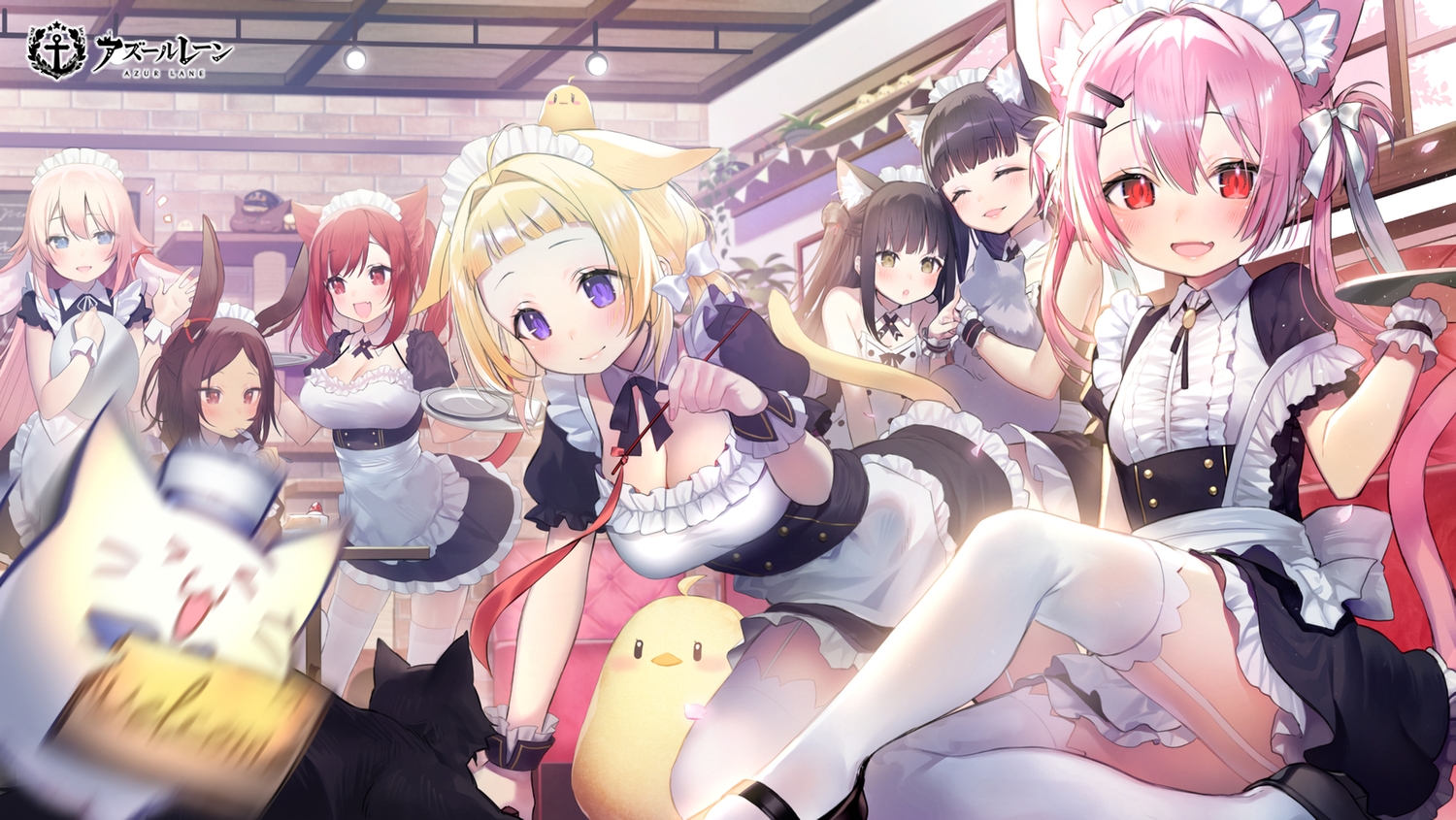 animal, animal_ears, anthropomorphism, ariake_(azur_lane), azur_lane, bird, bunny_ears, bunnygirl, catgirl, garter_belt, group, hatsuharu_(azur_lane), hatsushimo_(azur_lane), headband, i-19_(azur_lane), i-25_(azur_lane), i-26_(azur_lane), logo, maid, manjuu_(azur_lane), red_eyes, shirako_sei, stockings, twintails, waifu2x, yuugure_(azur_lane)