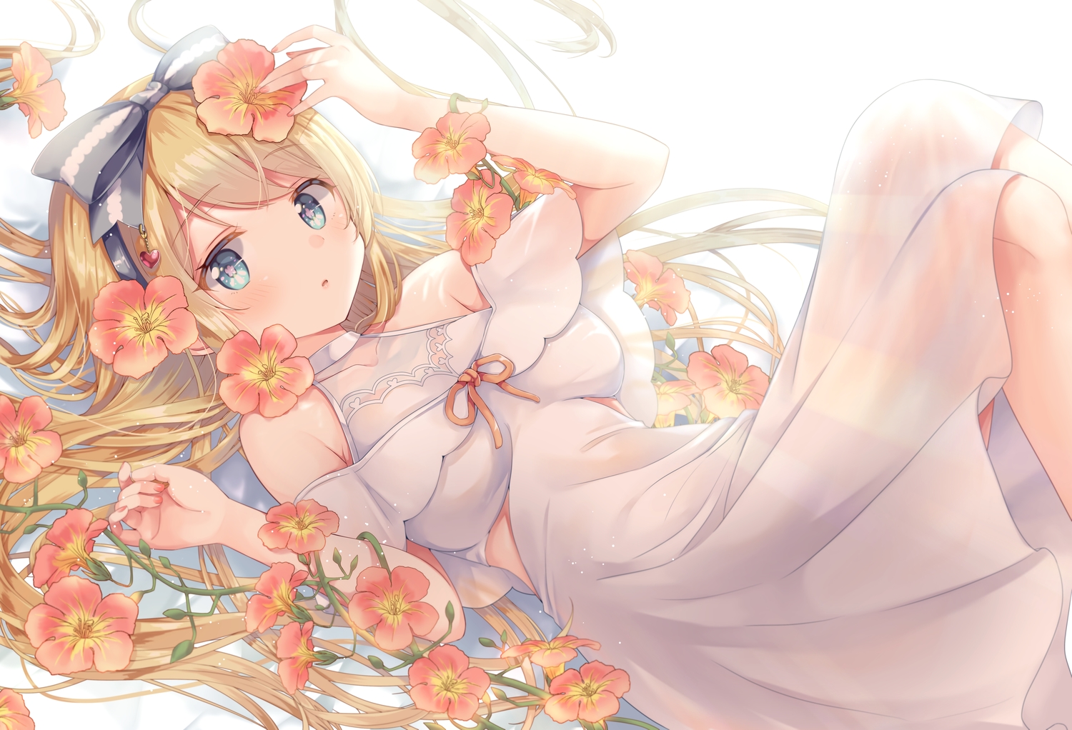 aqua_eyes, blonde_hair, blush, bow, dress, flowers, gomano_rio, headband, long_hair, original