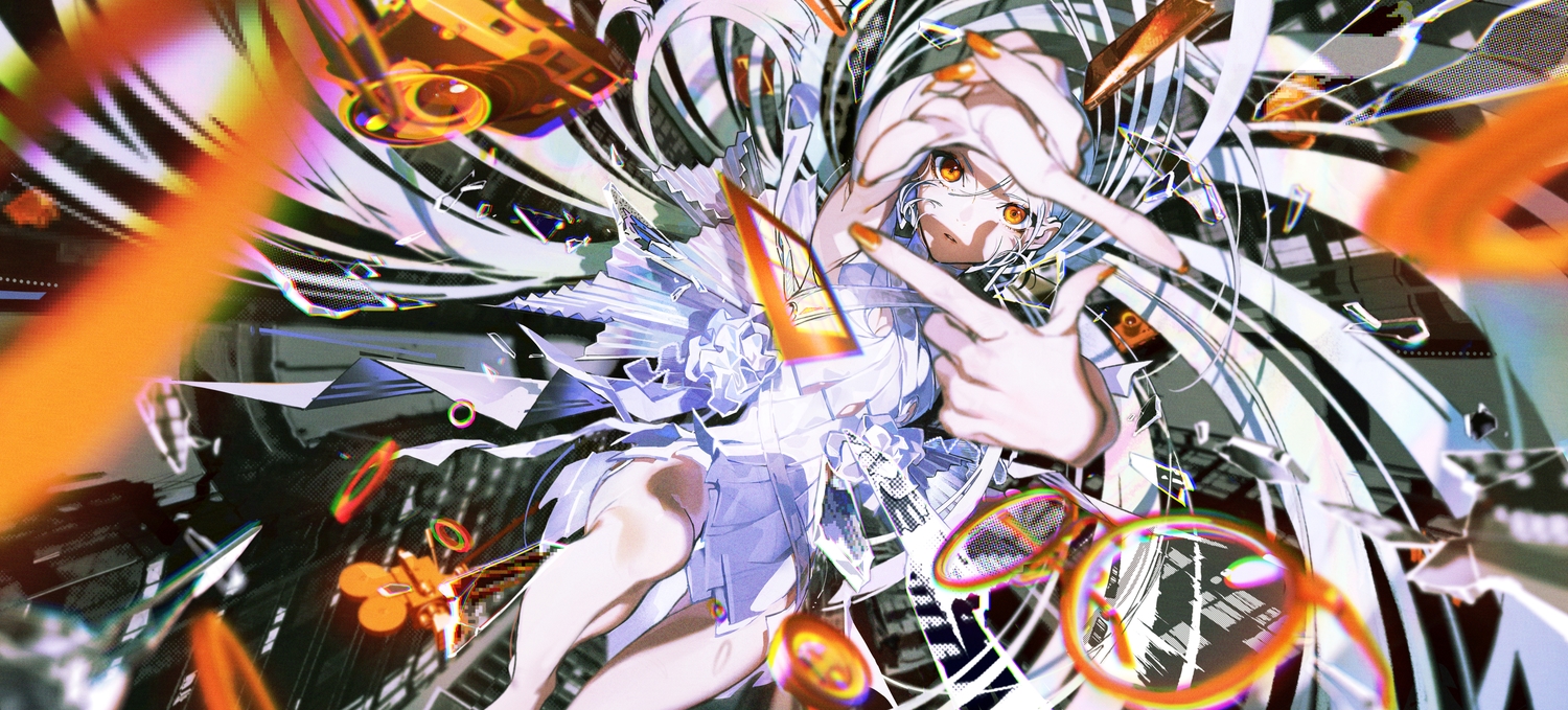 dress, long_hair, orange_eyes, original, polychromatic, white_hair, yoneyama_mai