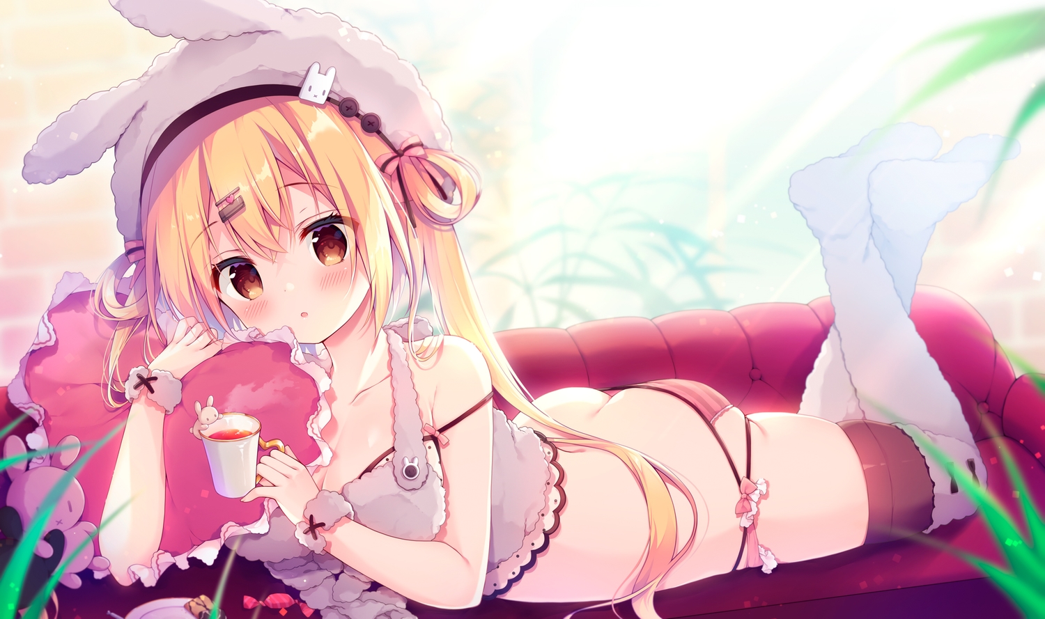animal_ears, ass, blonde_hair, blush, bunny, bunny_ears, candy, drink, hat, izumi_yuhina, long_hair, original, panties, thighhighs, underwear