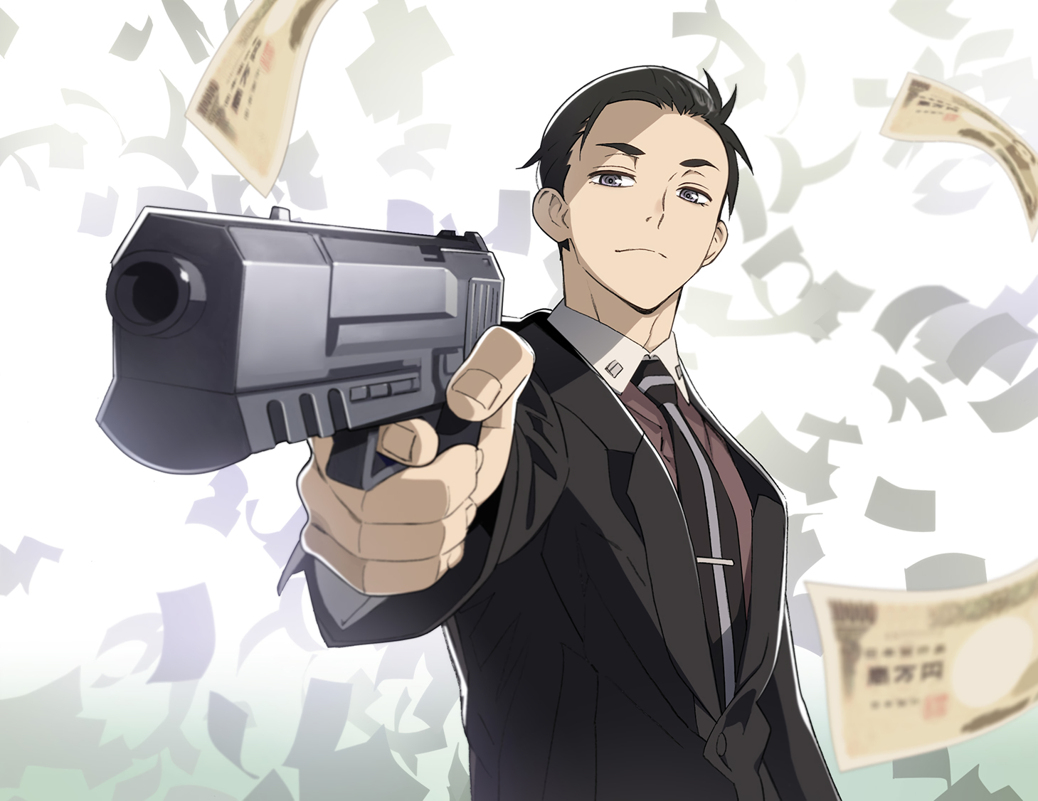 all_male, black_hair, blue_eyes, fugou_keiji_balance:unlimited, gun, kanbe_daisuke, male, nyoro_(nyoronyoro000), short_hair, tie, weapon