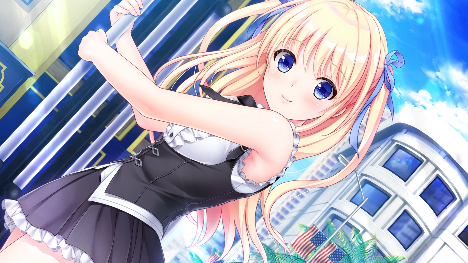 akino_subaru, blonde_hair, blue_eyes, blush, building, city, dress, game_cg, long_hair, ribbons, sakura_rein, tree, tsuki_no_kanata_de_aimashou:_sweet_summer_rainbow
