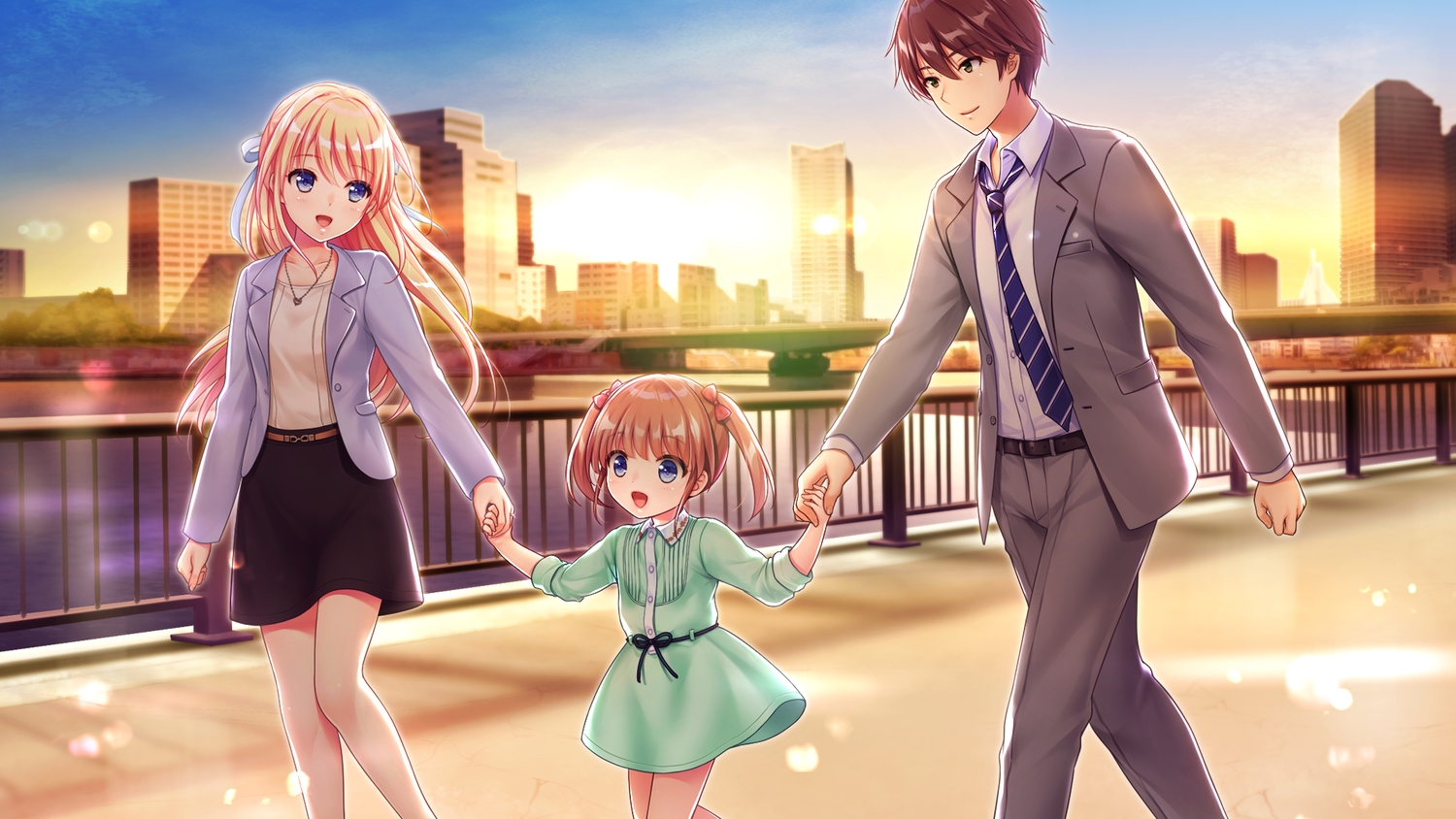 akino_subaru, blonde_hair, blue_eyes, bow, brown_hair, building, city, dress