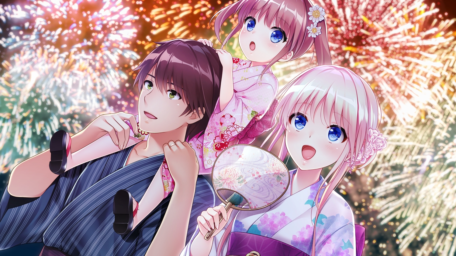 akino_subaru, blonde_hair, blue_eyes, brown_hair, fan, fireworks, flowers, game_cg