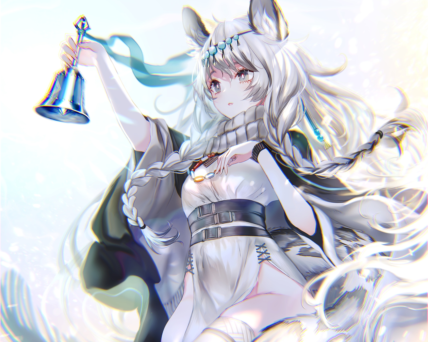 animal_ears, arknights, bell, catgirl, cropped, gray_eyes, gray_hair, long_hair