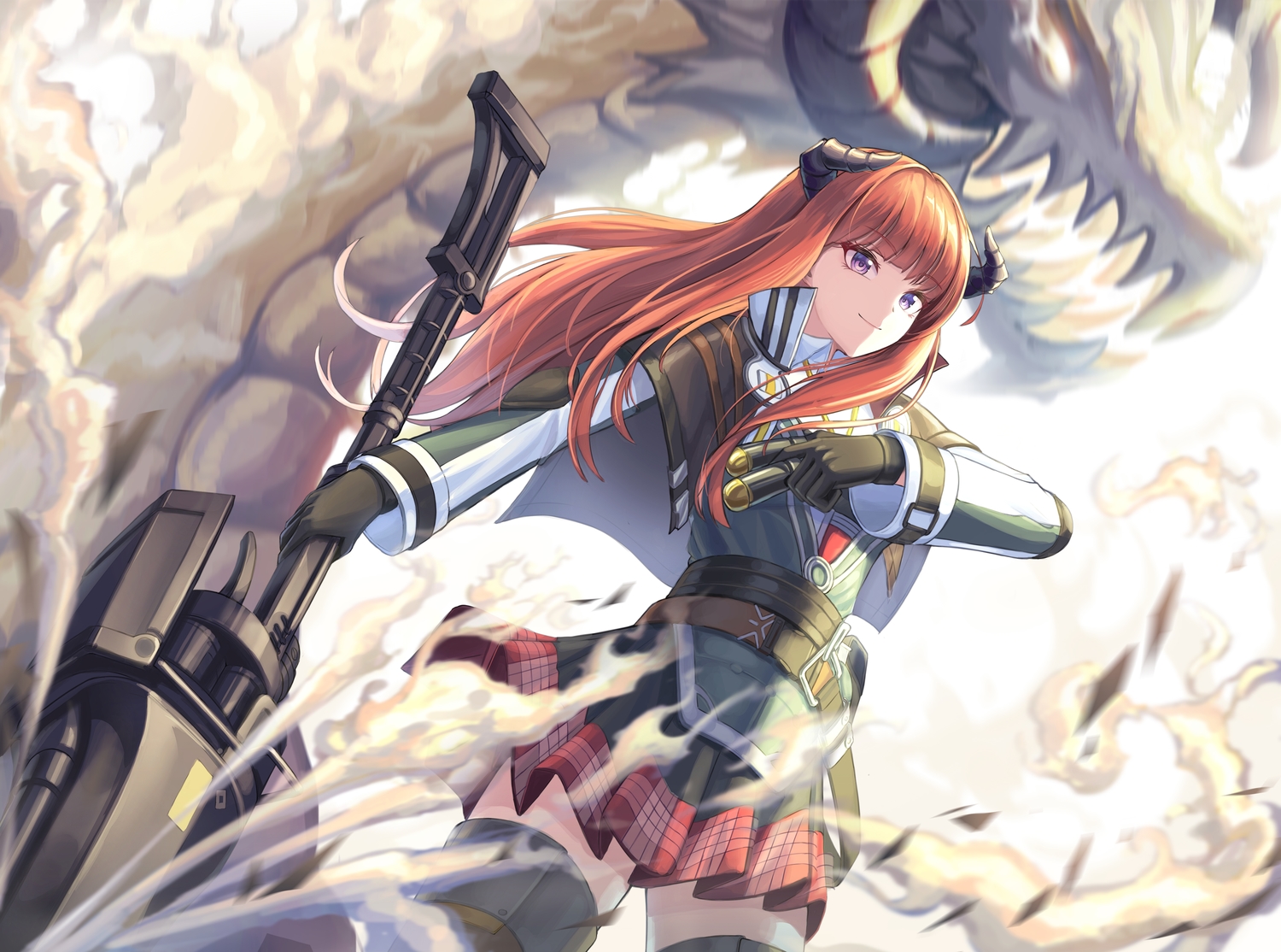 arknights, bagpipe_(arknights), cow-ring, gloves, horns, long_hair, orange_hair, purple_eyes, thighhighs, weapon
