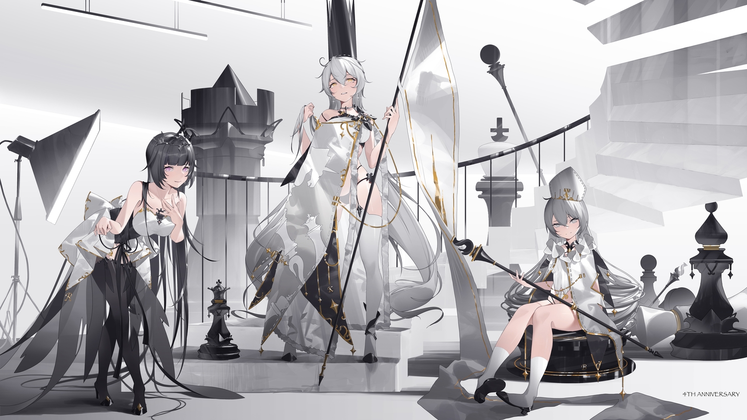 black_hair, bronya_zaychik, dress, gray_hair, hat, honkai_impact, honkai_(series), kiana_kaslana, long_hair, purple_eyes, raiden_mei, stairs, tatatsu, thighhighs, yellow_eyes