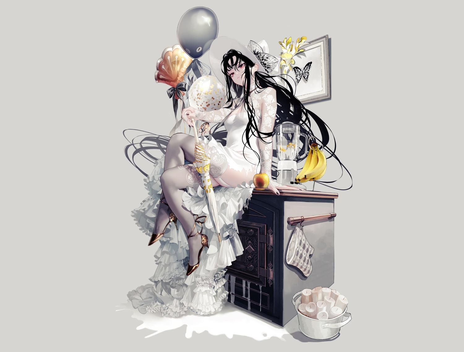 animal, apple, black_hair, dress, elizabeth_le_fanyu, fish, food, fruit, gray, hat, isekai_goumon_hime, long_hair, red_eyes, see_through, stockings, ukai_saki, umbrella