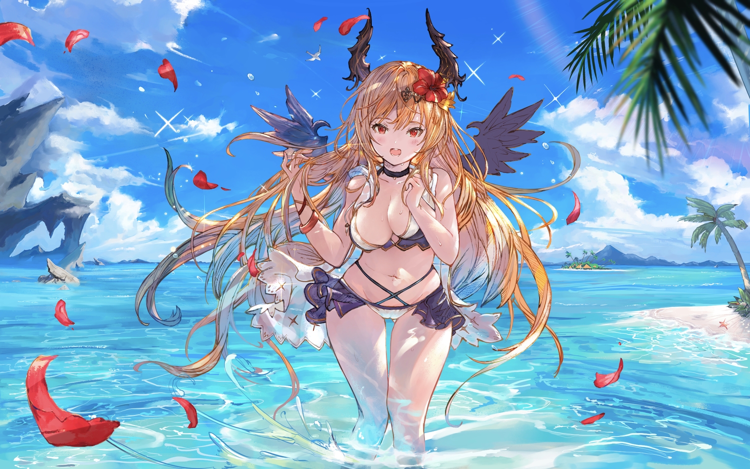 bikini, blonde_hair, breasts, cameltoe, cleavage, dark_angel_olivia, granblue_fantasy, horns