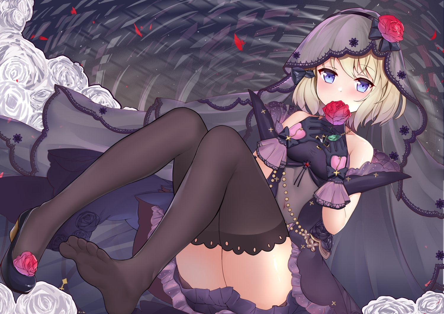 anthropomorphism, azur_lane, dress, flowers, gloves, headdress, kuaua, rose, see_through, thighhighs, water, z23_(azur_lane)