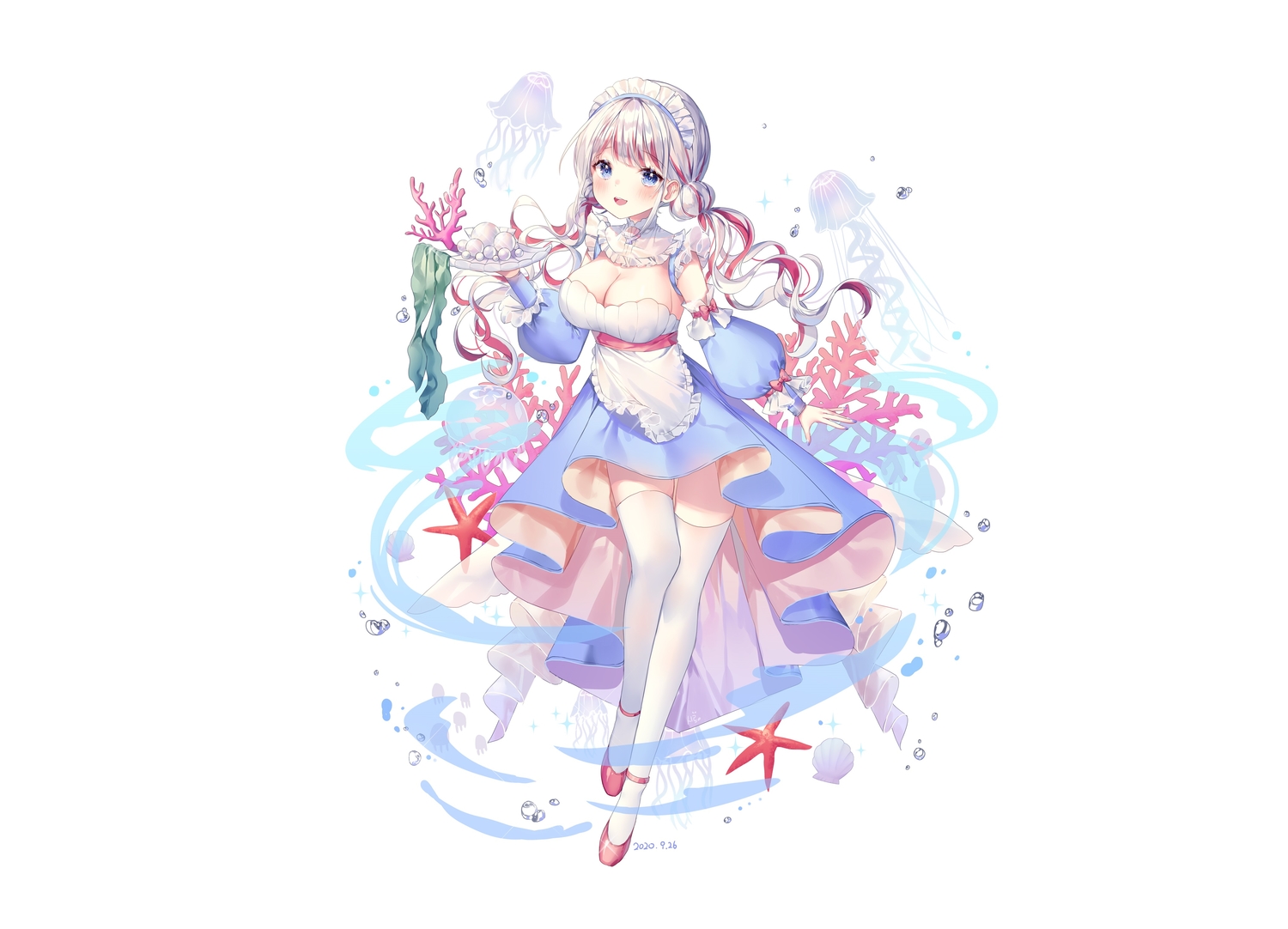 animal, apron, blue_eyes, blush, breasts, bubbles, cleavage, gray_hair