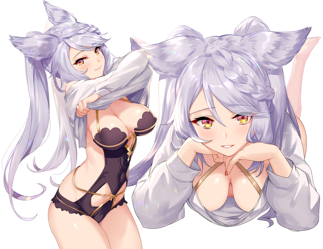 aki663, animal_ears, braids, fraux_(granblue_fantasy), granblue_fantasy, gray_hair, long_hair, no_bra