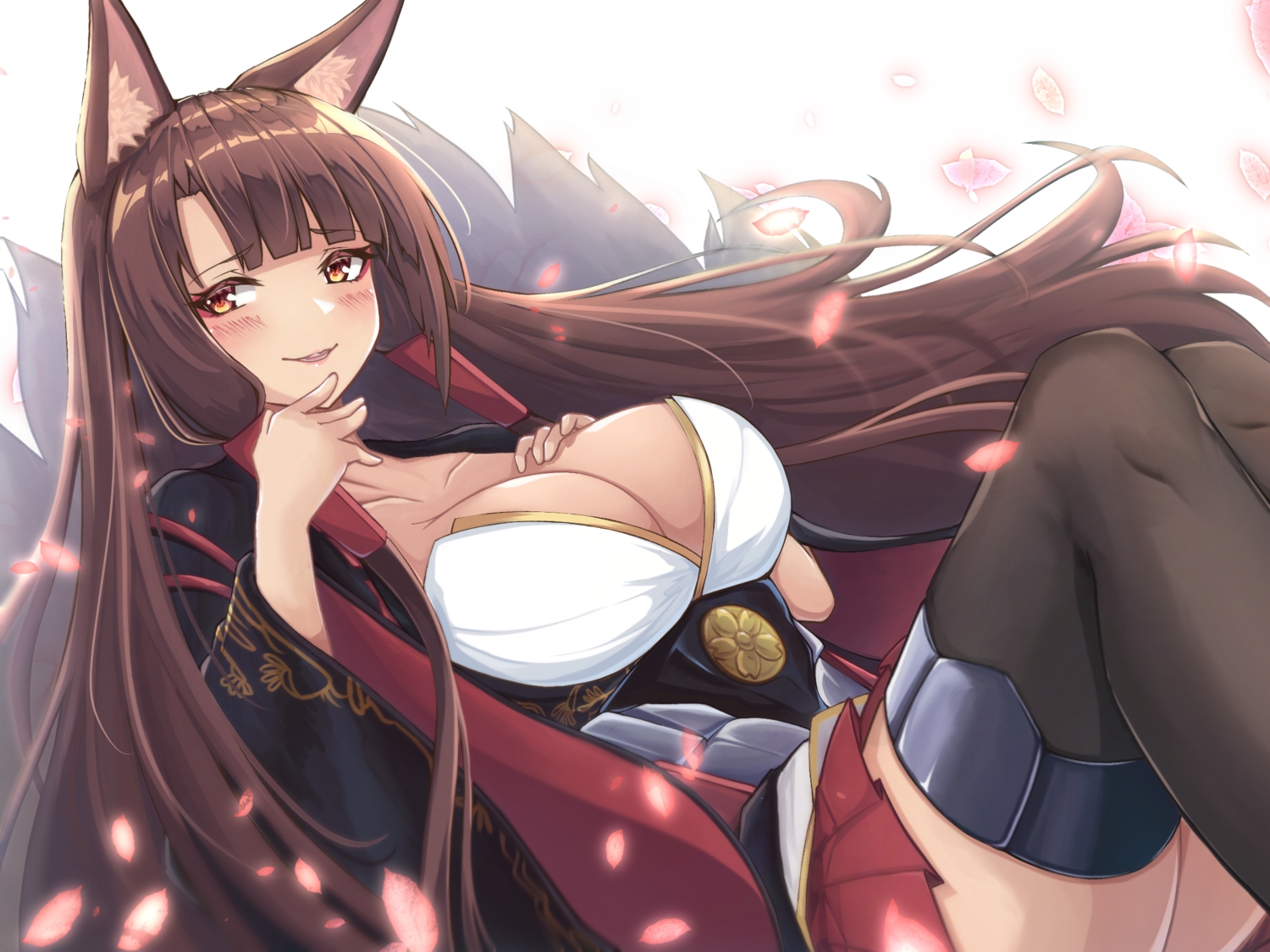 akagi_(azur_lane), animal_ears, anthropomorphism, azur_lane, breast_hold, breasts, brown_hair, cleavage