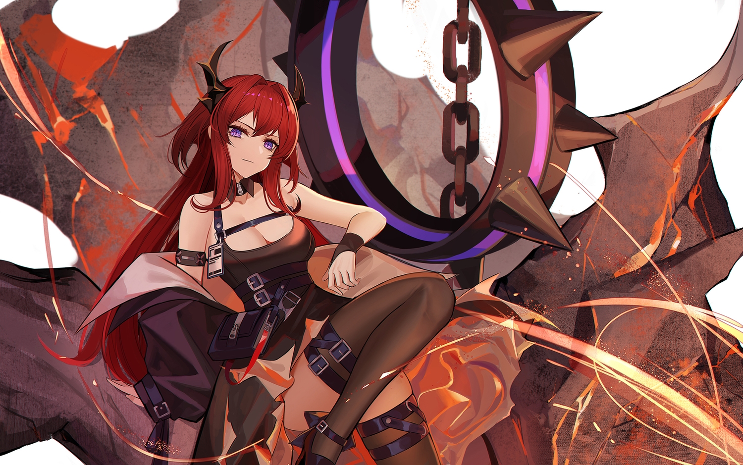 arknights, chain, eternity_(pixiv8012826), garter, horns, long_hair, purple_eyes, red_hair
