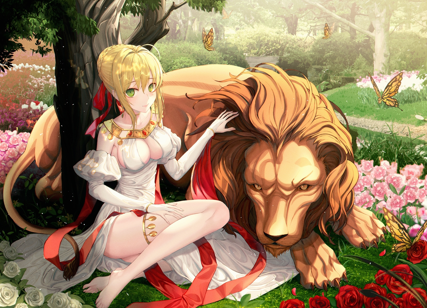 animal, blonde_hair, eichi_(skskdi12z), fate/grand_order, fate_(series), green_eyes, lion, nero_claudius_(fate)