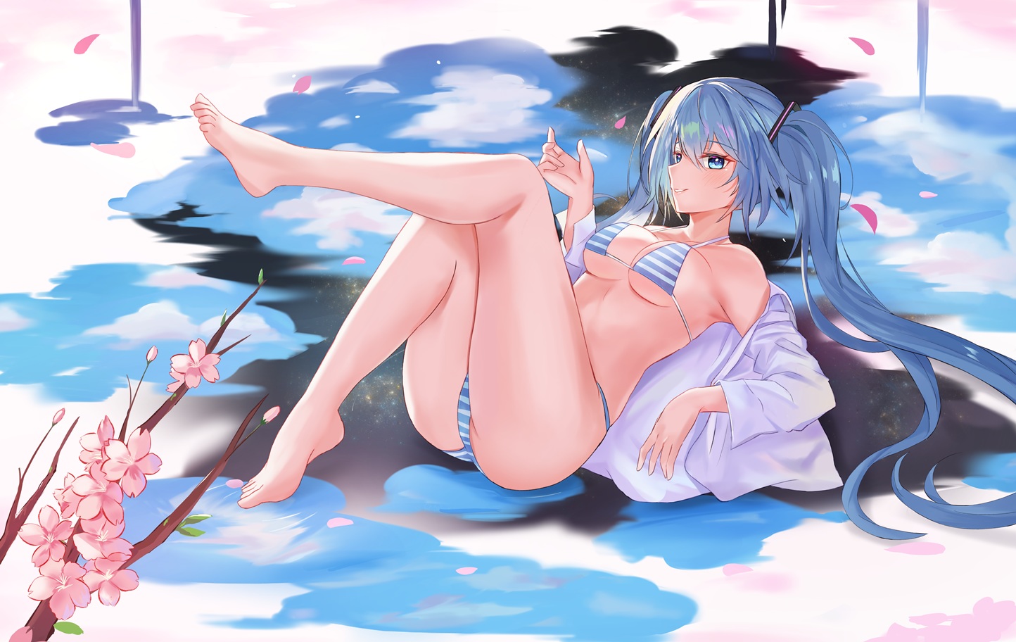 aqua_eyes, barefoot, bikini, blue_hair, breasts, cherry_blossoms, clouds, derby_(dabidabi), flowers, hatsune_miku, long_hair, open_shirt, reflection, shirt, swimsuit, twintails, vocaloid