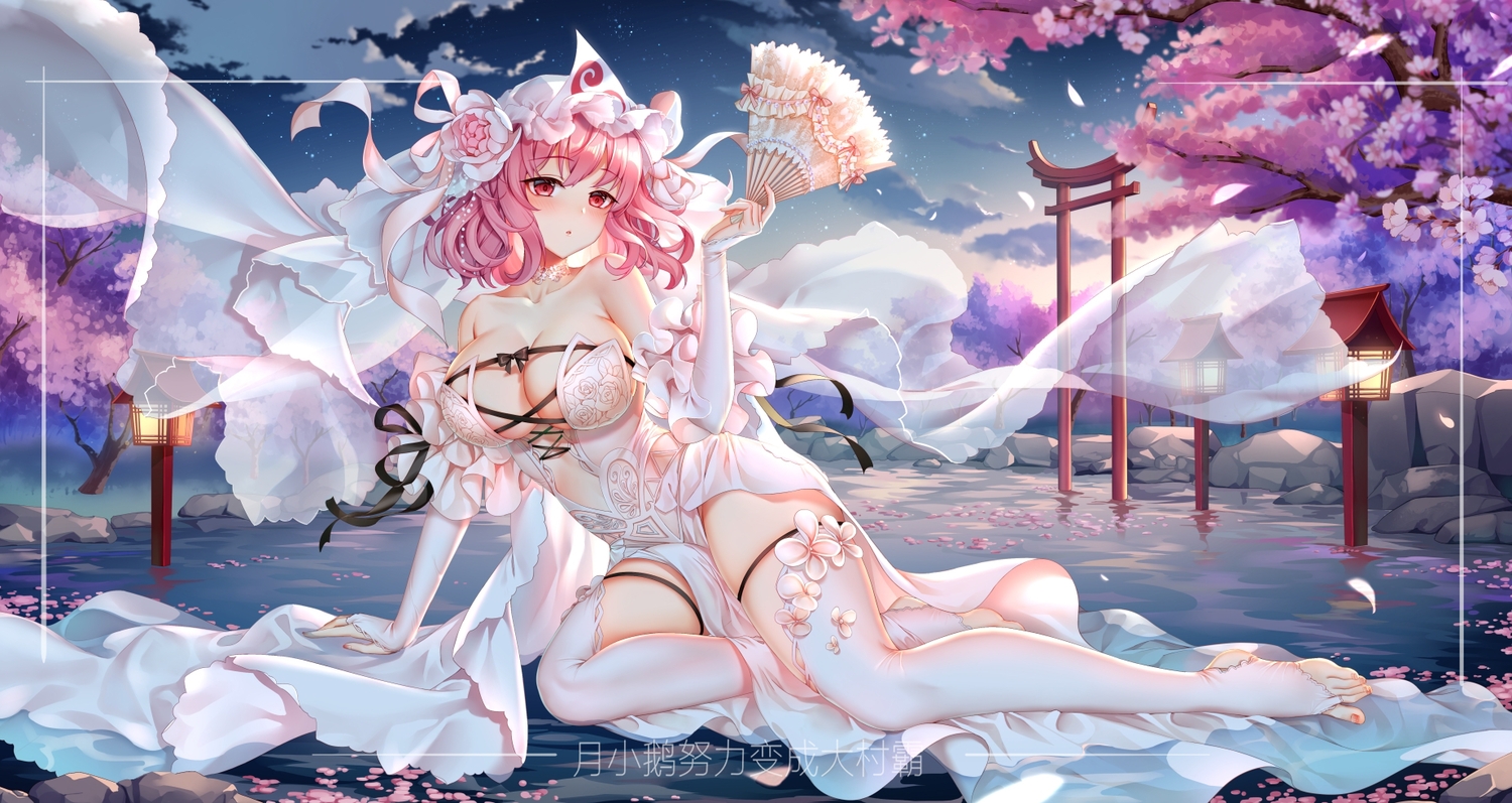 blush, breasts, cleavage, clouds, dress, fan, flowers, hat, headdress, night, pink_hair, red_eyes, saigyouji_yuyuko, sky, stars, thighhighs, torii, touhou, tree, water, watermark, wedding_attire, yue_xiao_e