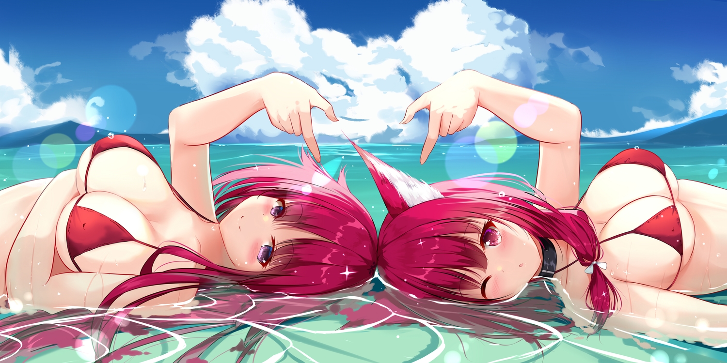 2girls, animal_ears, anthropomorphism, azur_lane, bikini, chitose_(azur_lane), chiyoda_(azur_lane), clouds, collar, dongyue_sakura, sky, swimsuit, twins, water, wet, wink