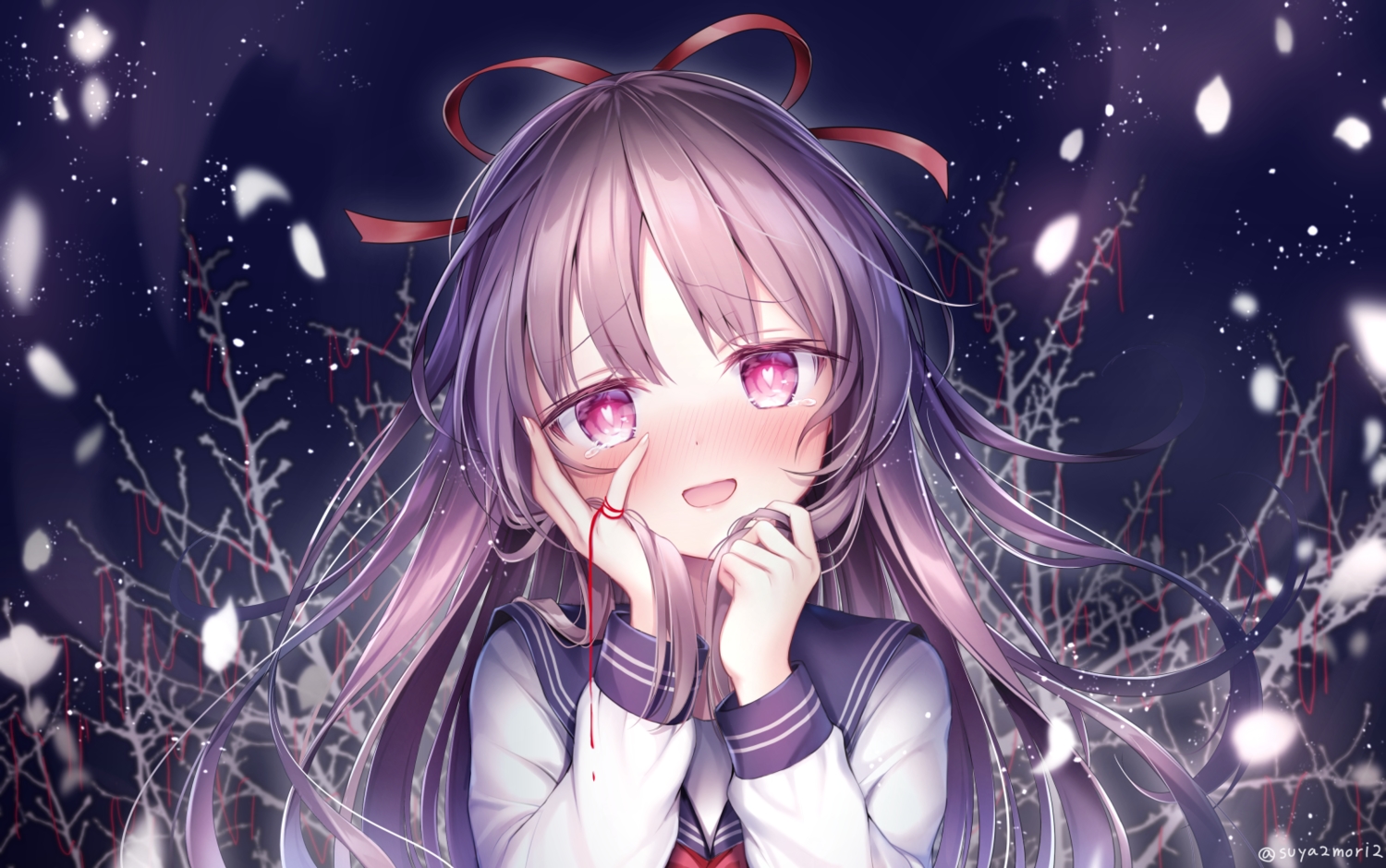 blood, blush, close, long_hair, original, petals, purple_eyes, purple_hair, ribbons, school_uniform, signed, sky, suyamori, tears, tree