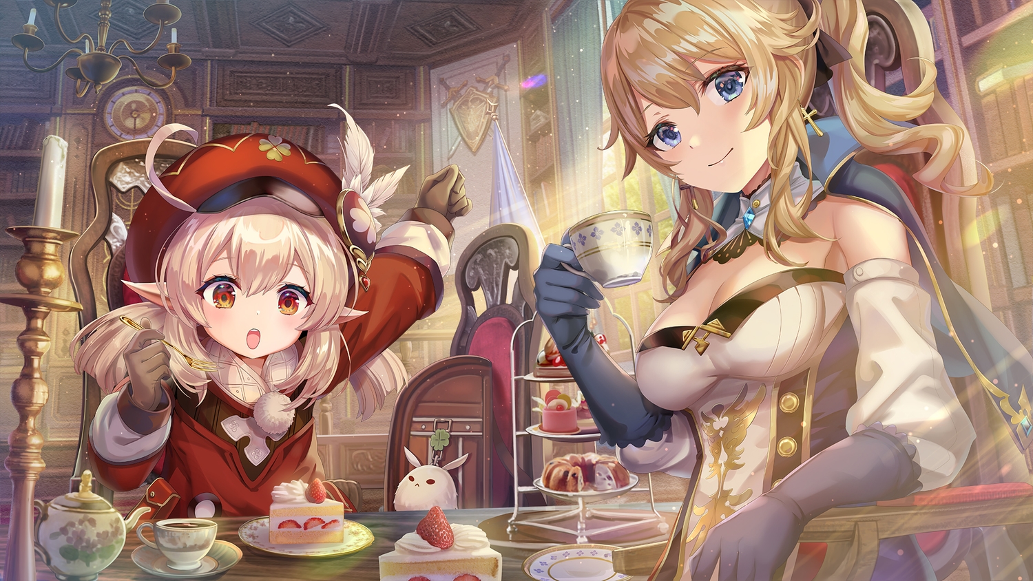 2girls, blonde_hair, blue_eyes, bow, breasts, cake, cape, cleavage