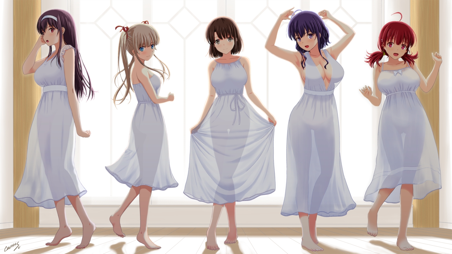 barefoot, breasts, cleavage, dress, hashima_izumi, hyoudou_michiru, kasumigaoka_utaha, katou_megumi