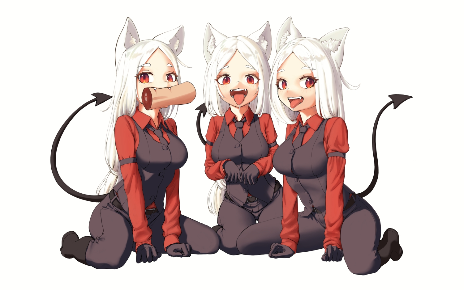 animal_ears, blush, boots, cat_smile, cerberus_(helltaker), doggirl, fang, food