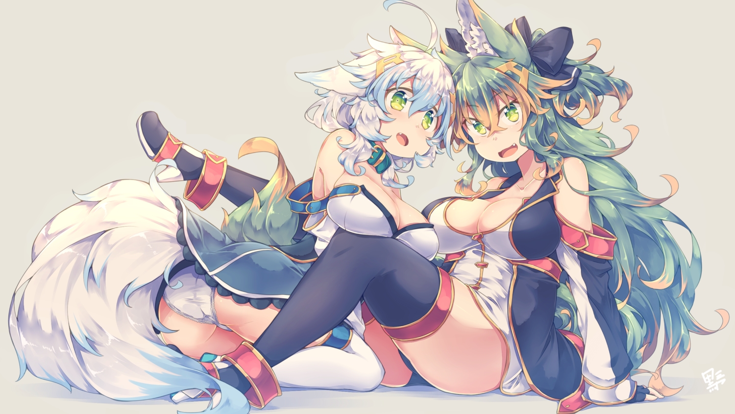 2girls, animal_ears, ass, boots, bow, breasts, cat_smile, cleavage